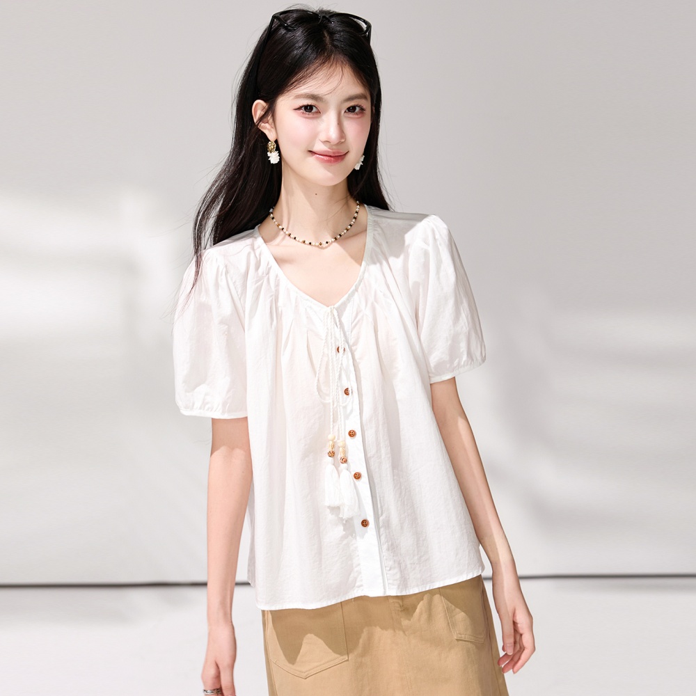 Tassels show young doll shirt round neck summer small shirt