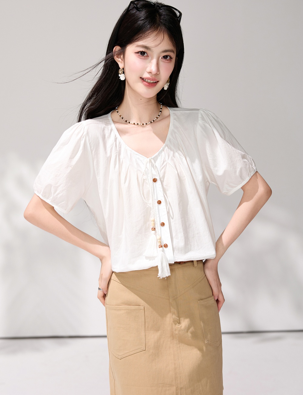 Tassels show young doll shirt round neck summer small shirt