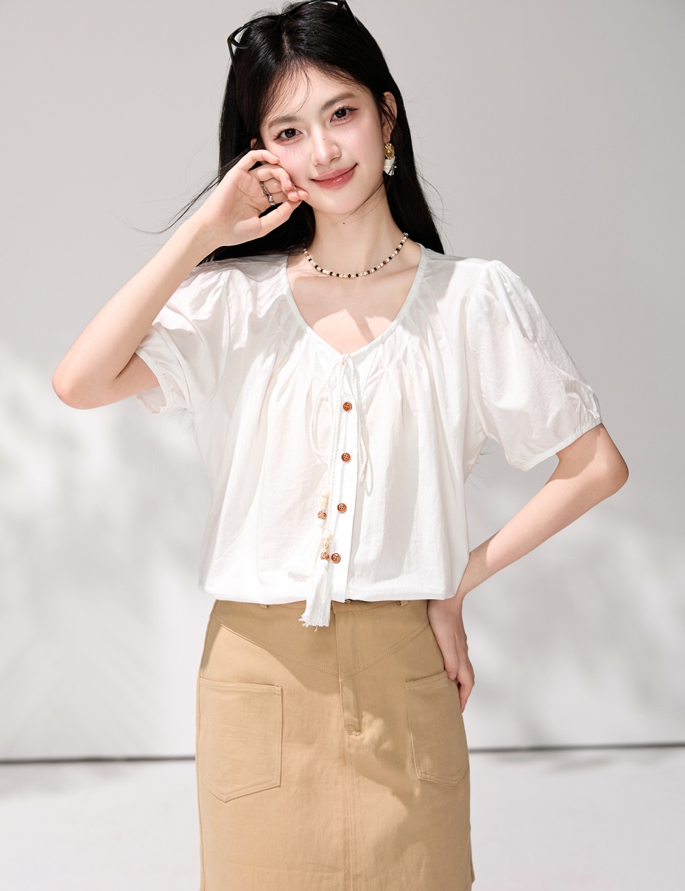 Tassels show young doll shirt round neck summer small shirt
