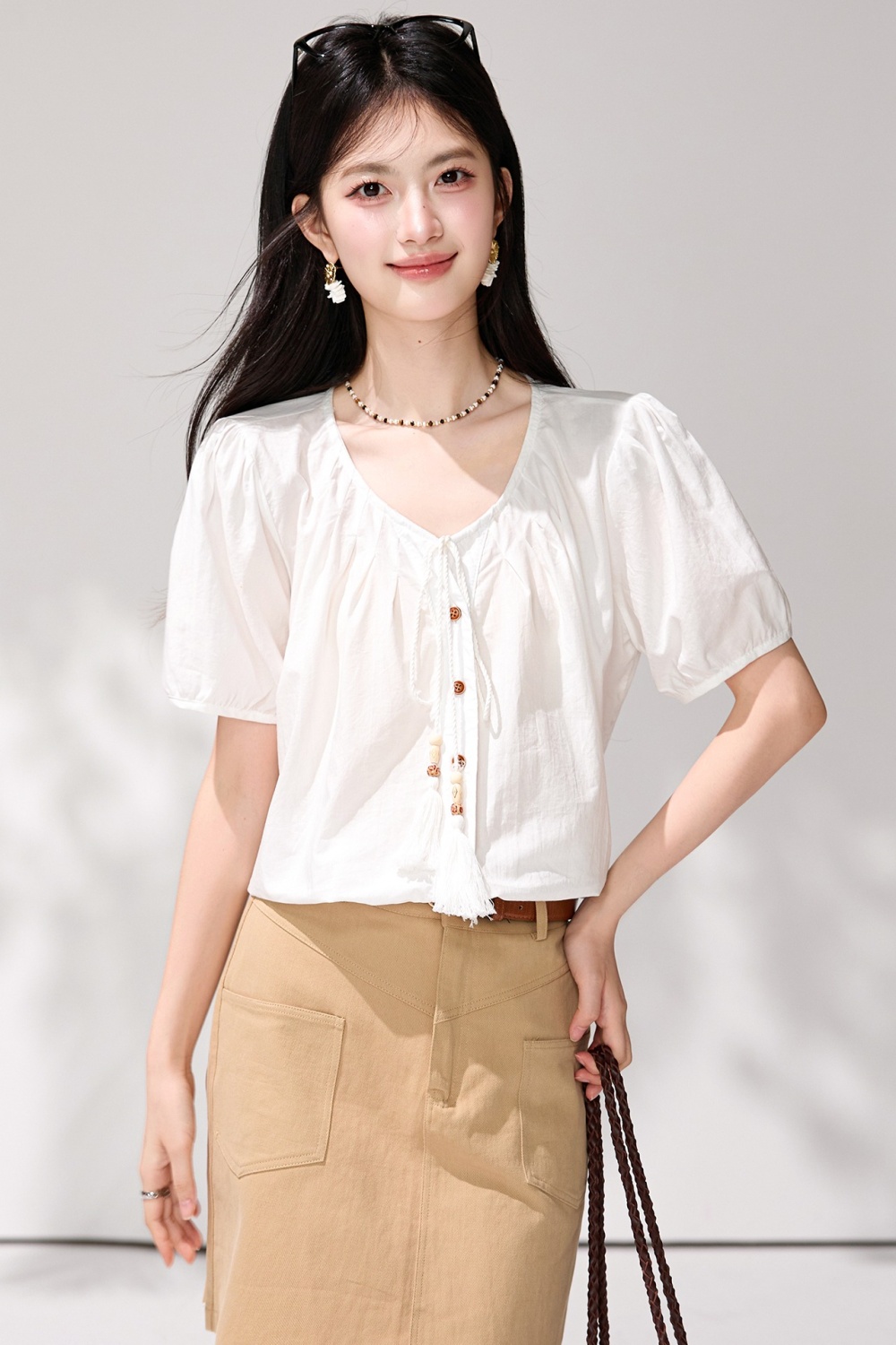 Tassels show young doll shirt round neck summer small shirt