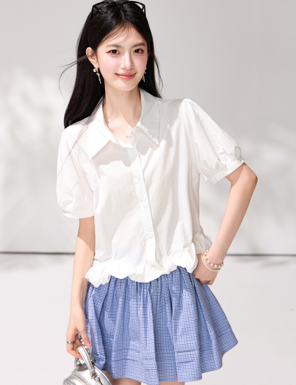 France style bubble shirt white short sleeve small shirt