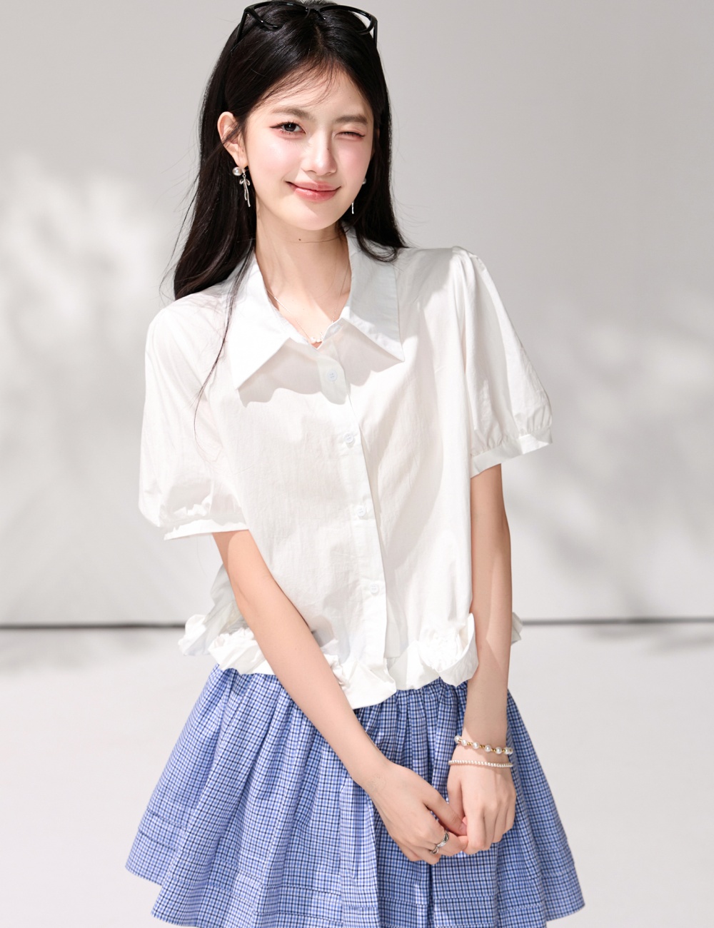 France style bubble shirt white short sleeve small shirt