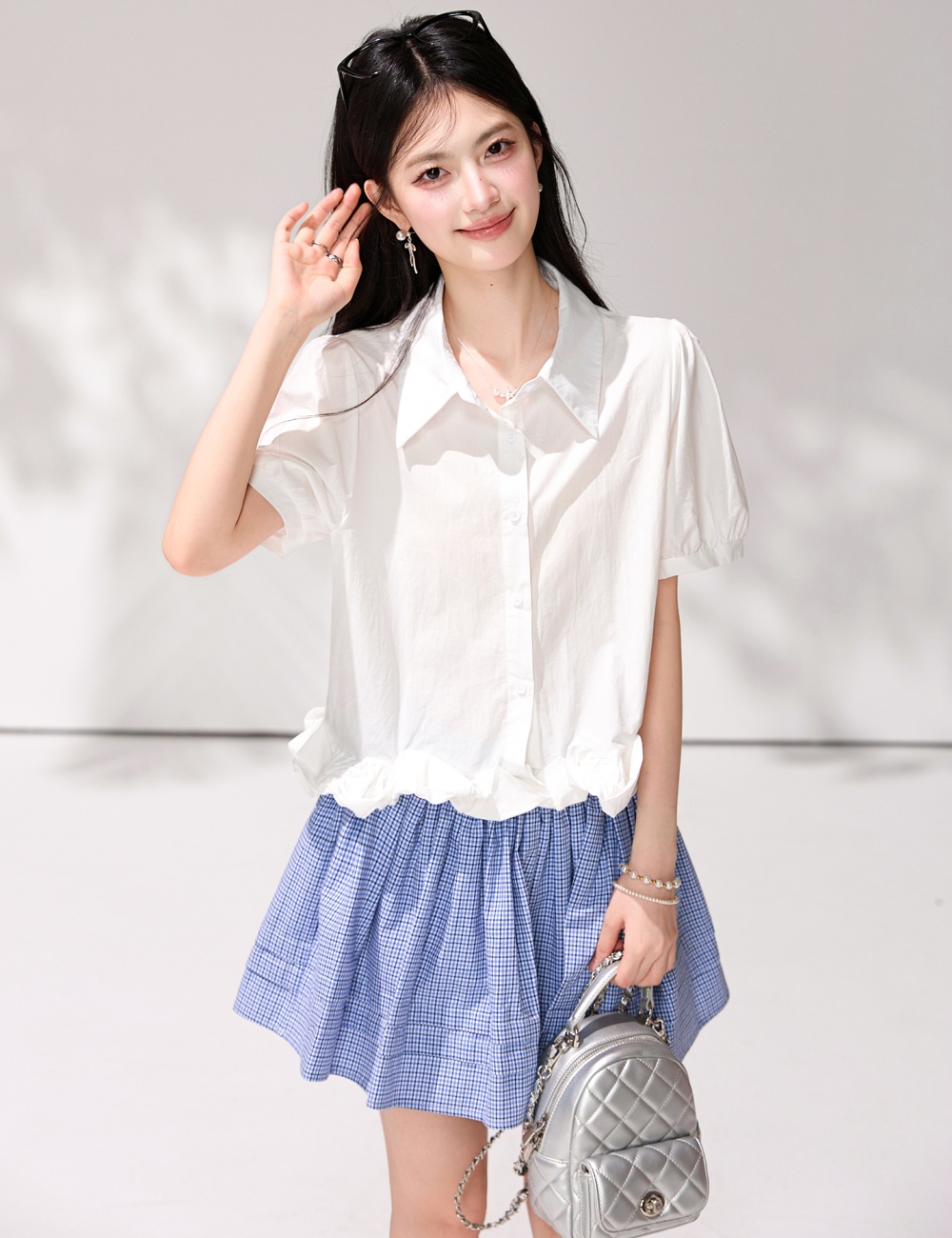 France style bubble shirt white short sleeve small shirt