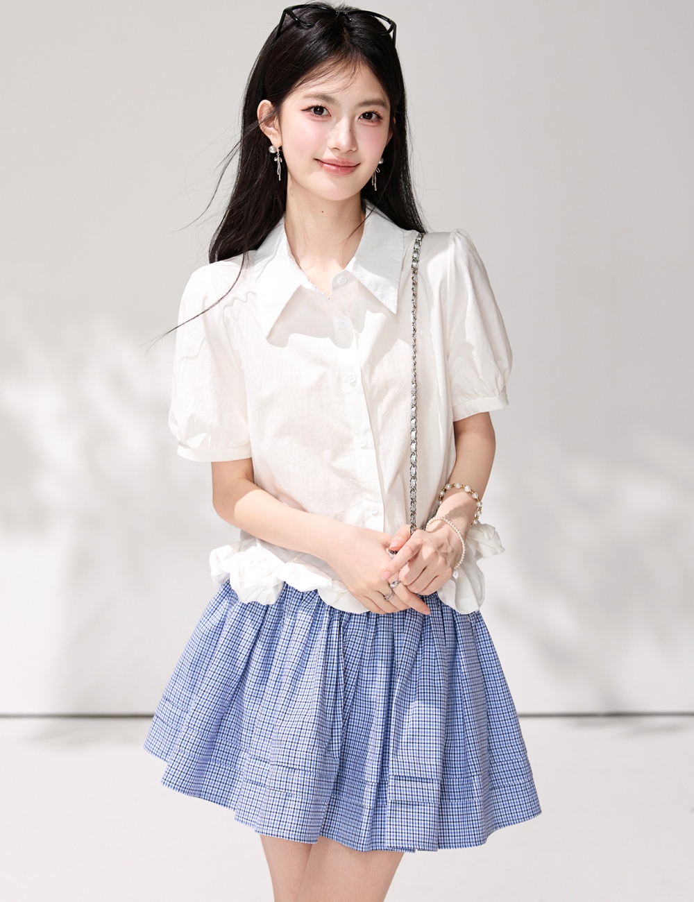 France style bubble shirt white short sleeve small shirt