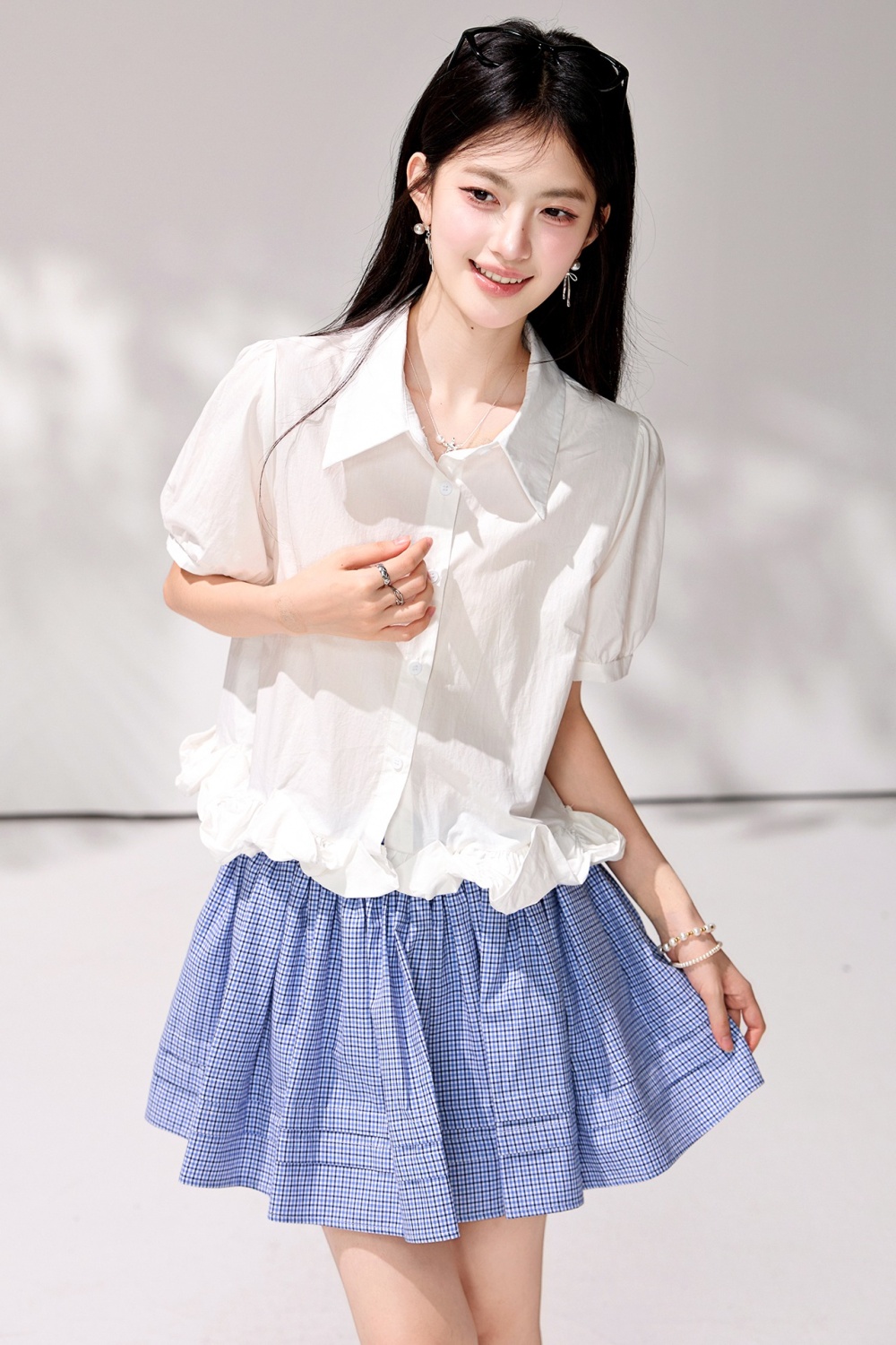 France style bubble shirt white short sleeve small shirt
