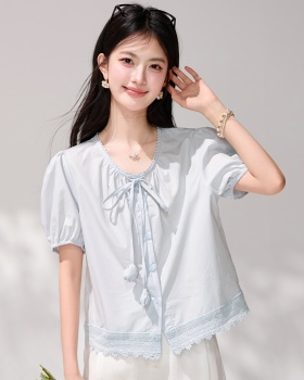 Blue lace splice shirt France style short sleeve tops
