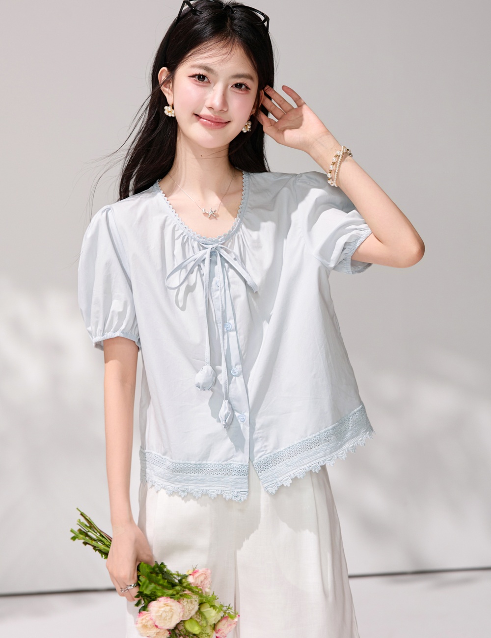 Blue lace splice shirt France style short sleeve tops