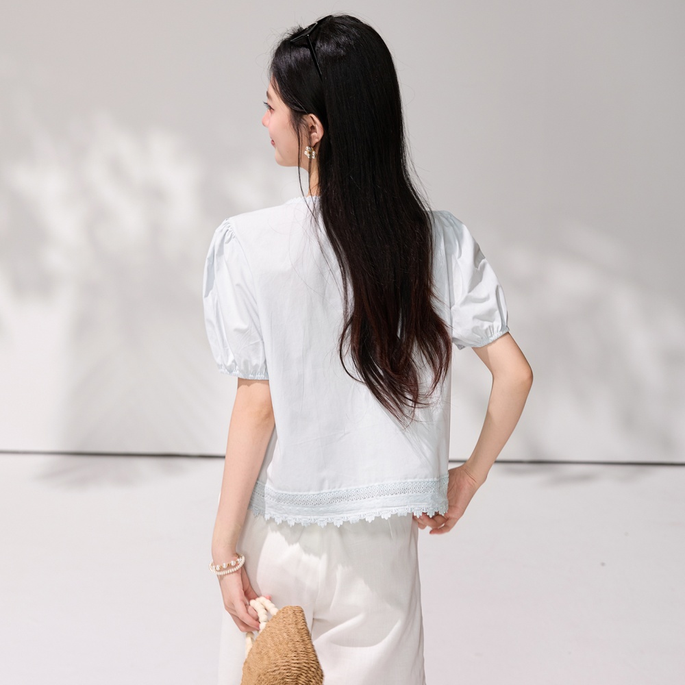Blue lace splice shirt France style short sleeve tops