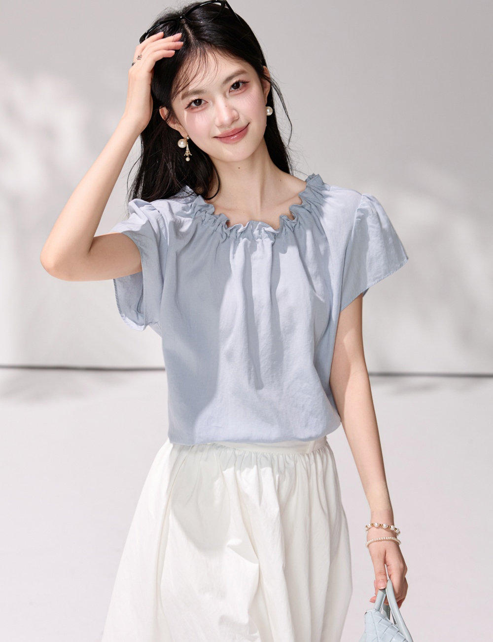 France style short sleeve simple tops summer boats sleeve shirt