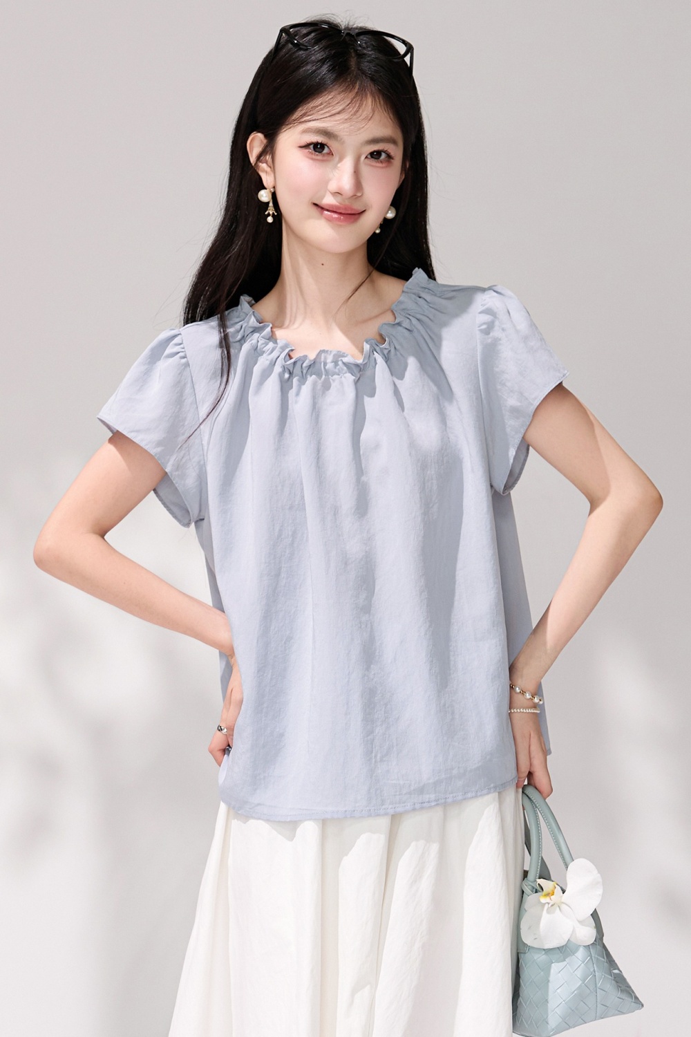 France style short sleeve simple tops summer boats sleeve shirt