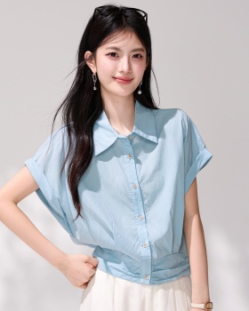 Blue short sleeve summer tops fashion lapel simple shirt