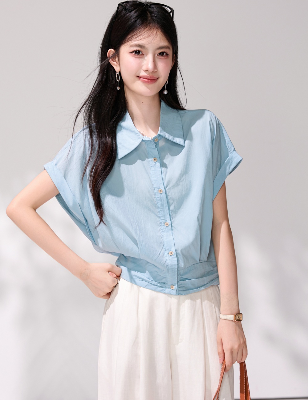 Blue short sleeve summer tops fashion lapel simple shirt