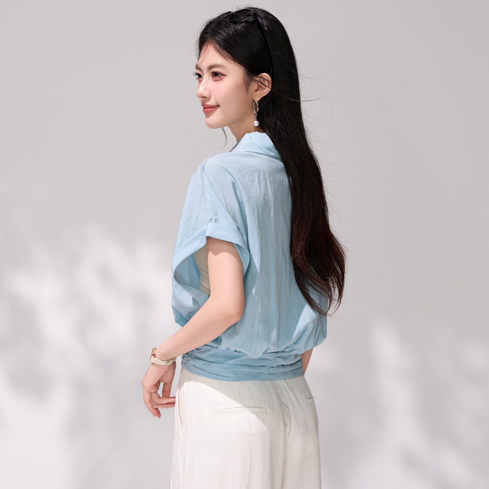 Blue short sleeve summer tops fashion lapel simple shirt