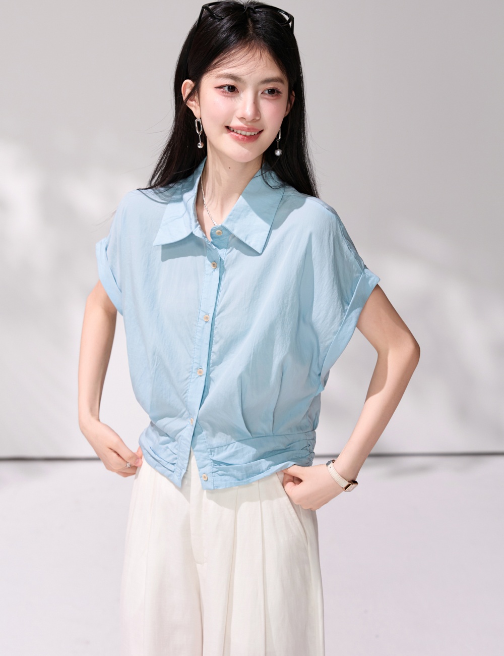 Blue short sleeve summer tops fashion lapel simple shirt