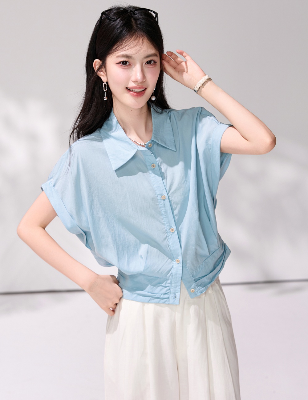 Blue short sleeve summer tops fashion lapel simple shirt
