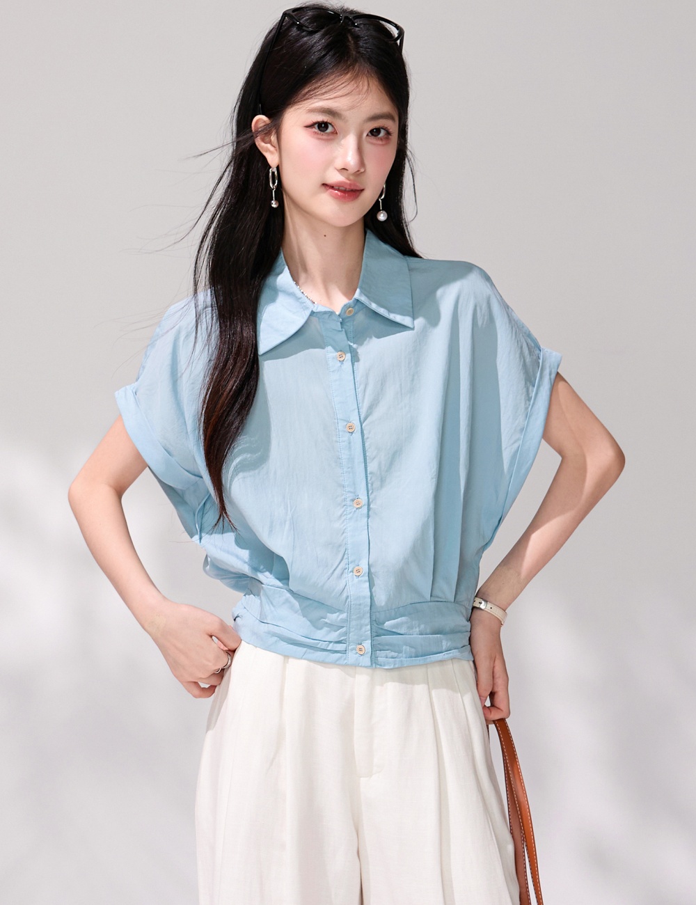 Blue short sleeve summer tops fashion lapel simple shirt