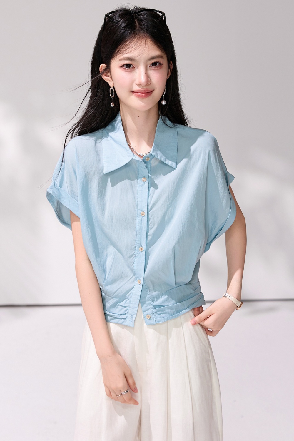Blue short sleeve summer tops fashion lapel simple shirt
