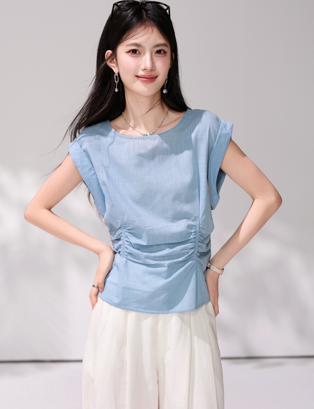 Summer fold shirt commuting pinched waist tops for women