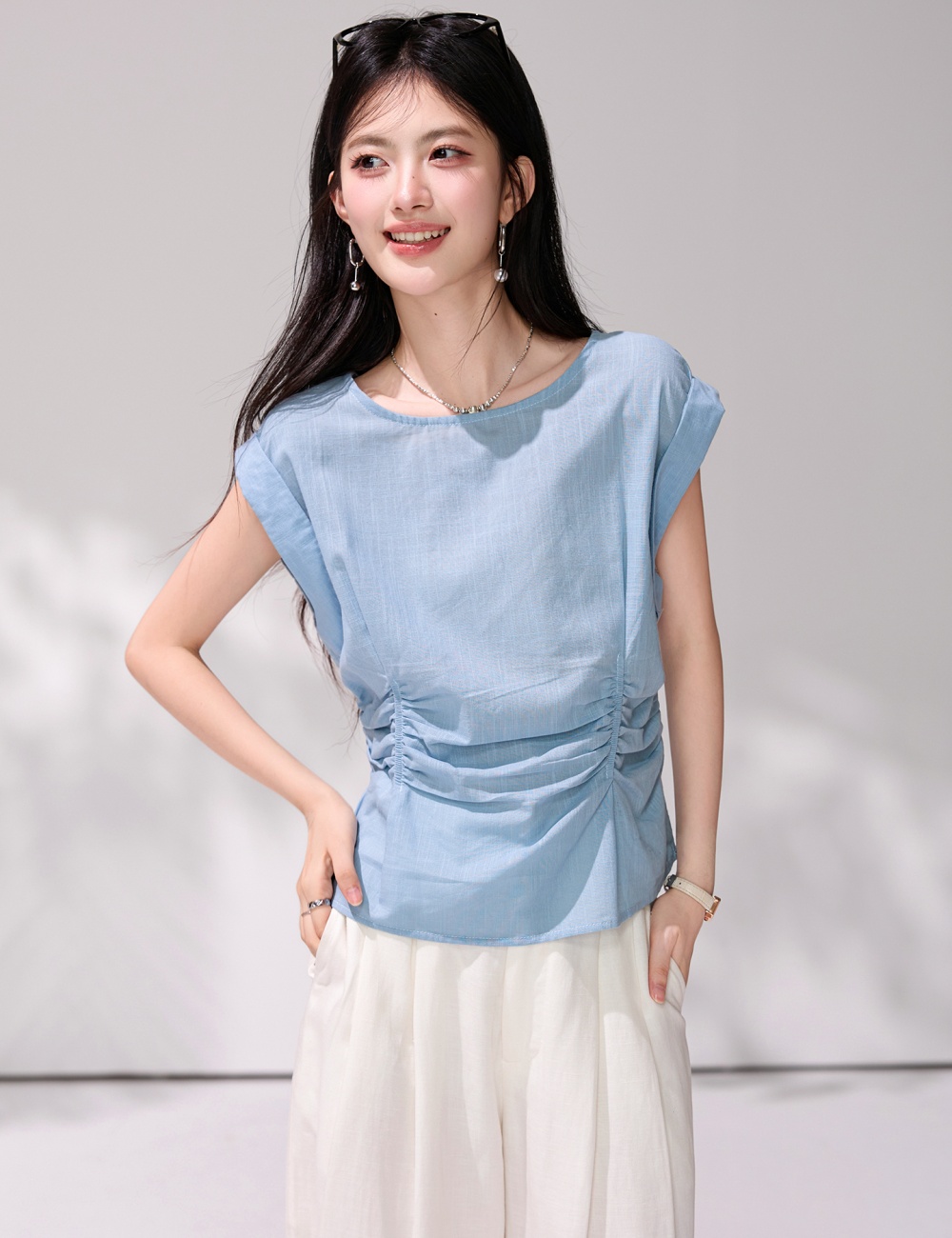 Summer fold shirt commuting pinched waist tops for women
