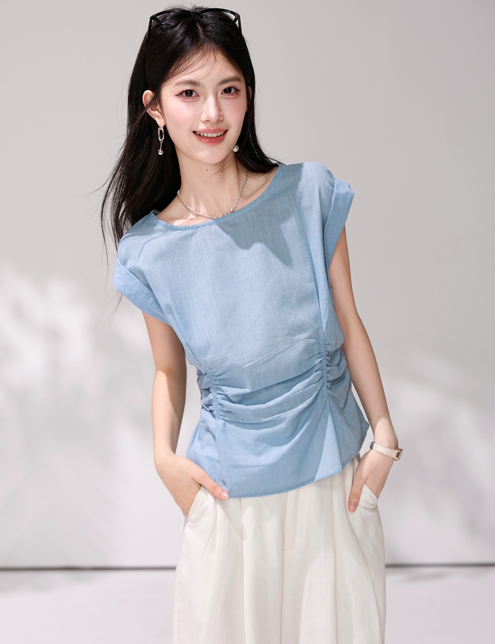 Summer fold shirt commuting pinched waist tops for women