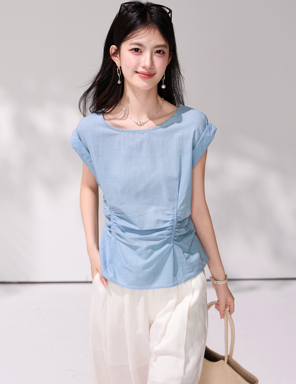 Summer fold shirt commuting pinched waist tops for women