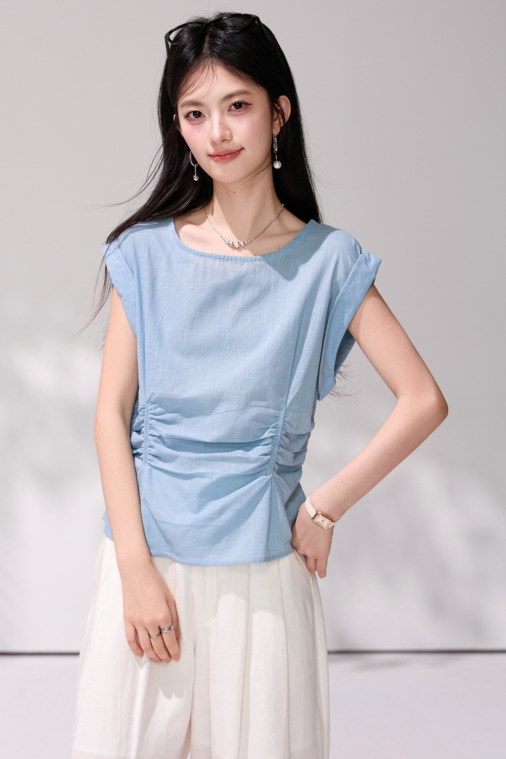 Summer fold shirt commuting pinched waist tops for women