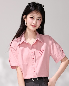 Heart short sleeve embroidery tops loose pink Korean style shirt