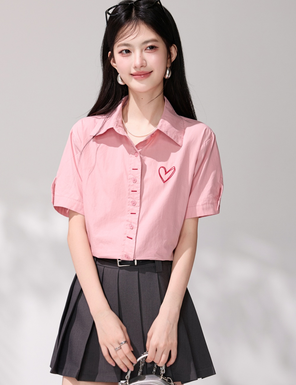 Heart short sleeve embroidery tops loose pink Korean style shirt