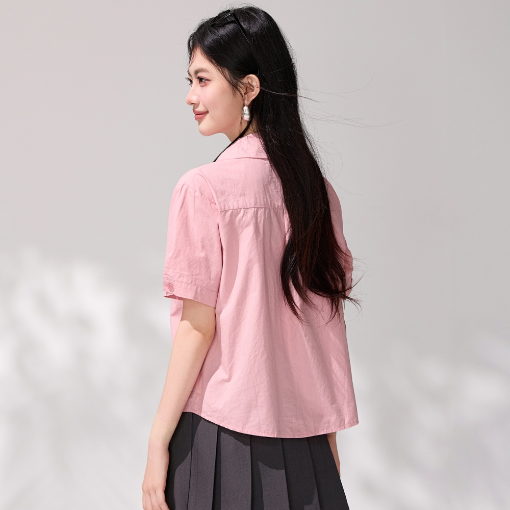 Heart short sleeve embroidery tops loose pink Korean style shirt