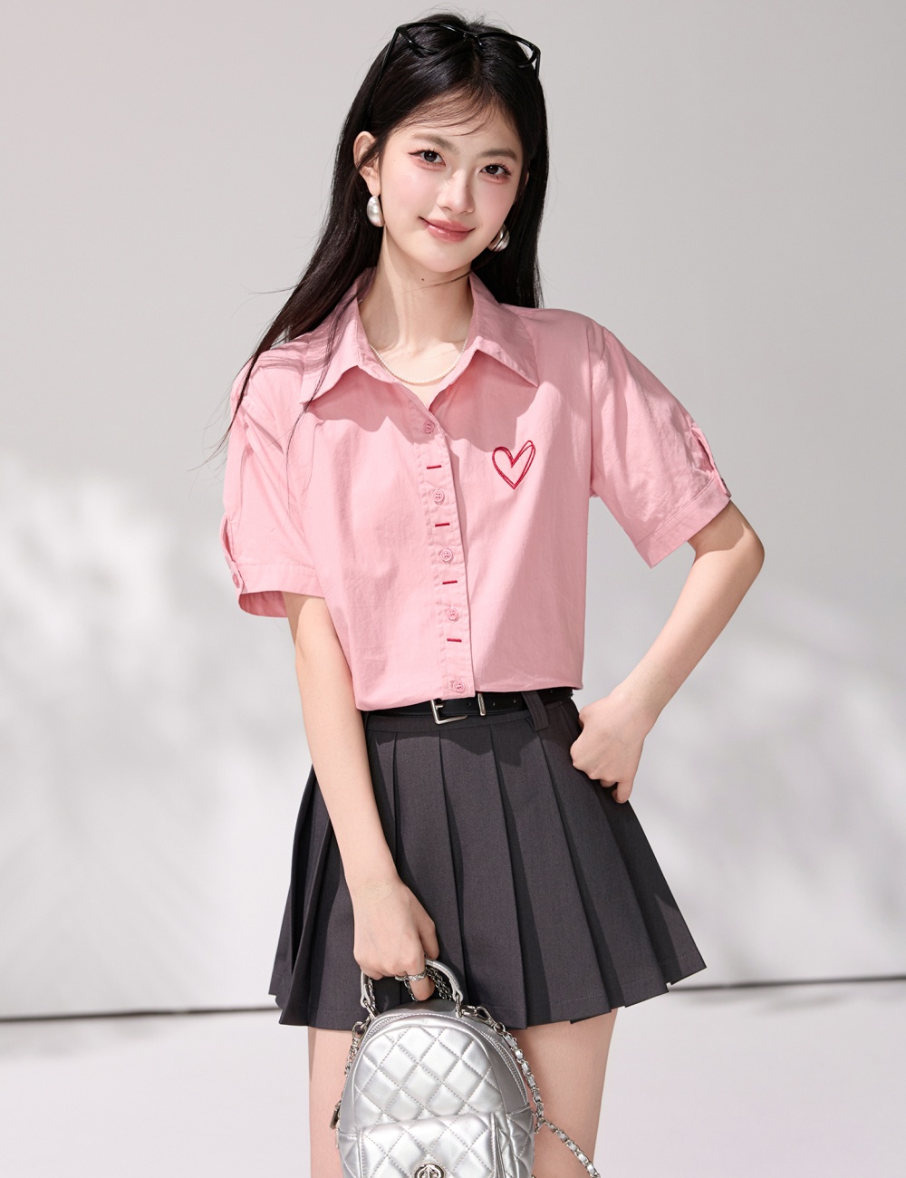 Heart short sleeve embroidery tops loose pink Korean style shirt
