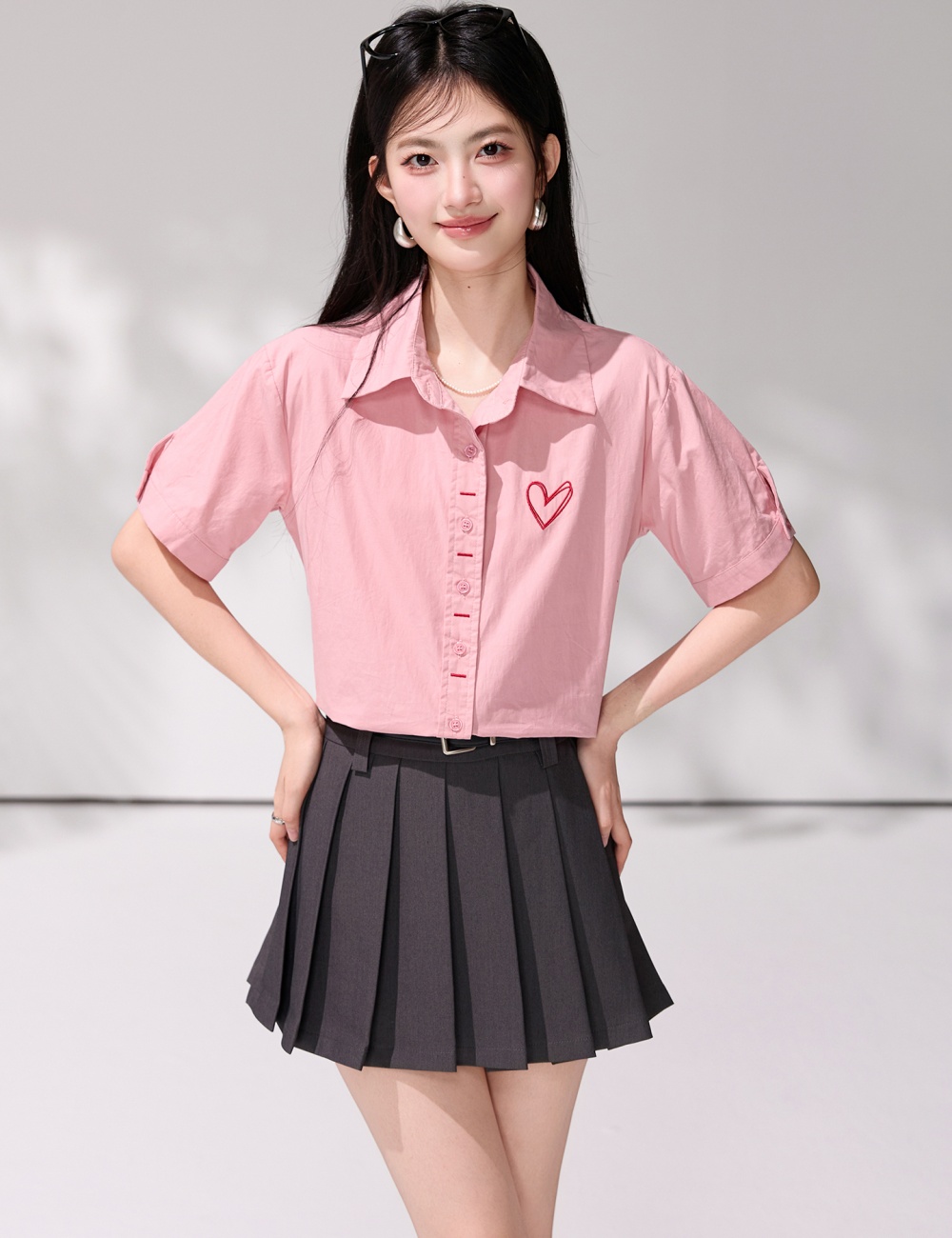 Heart short sleeve embroidery tops loose pink Korean style shirt