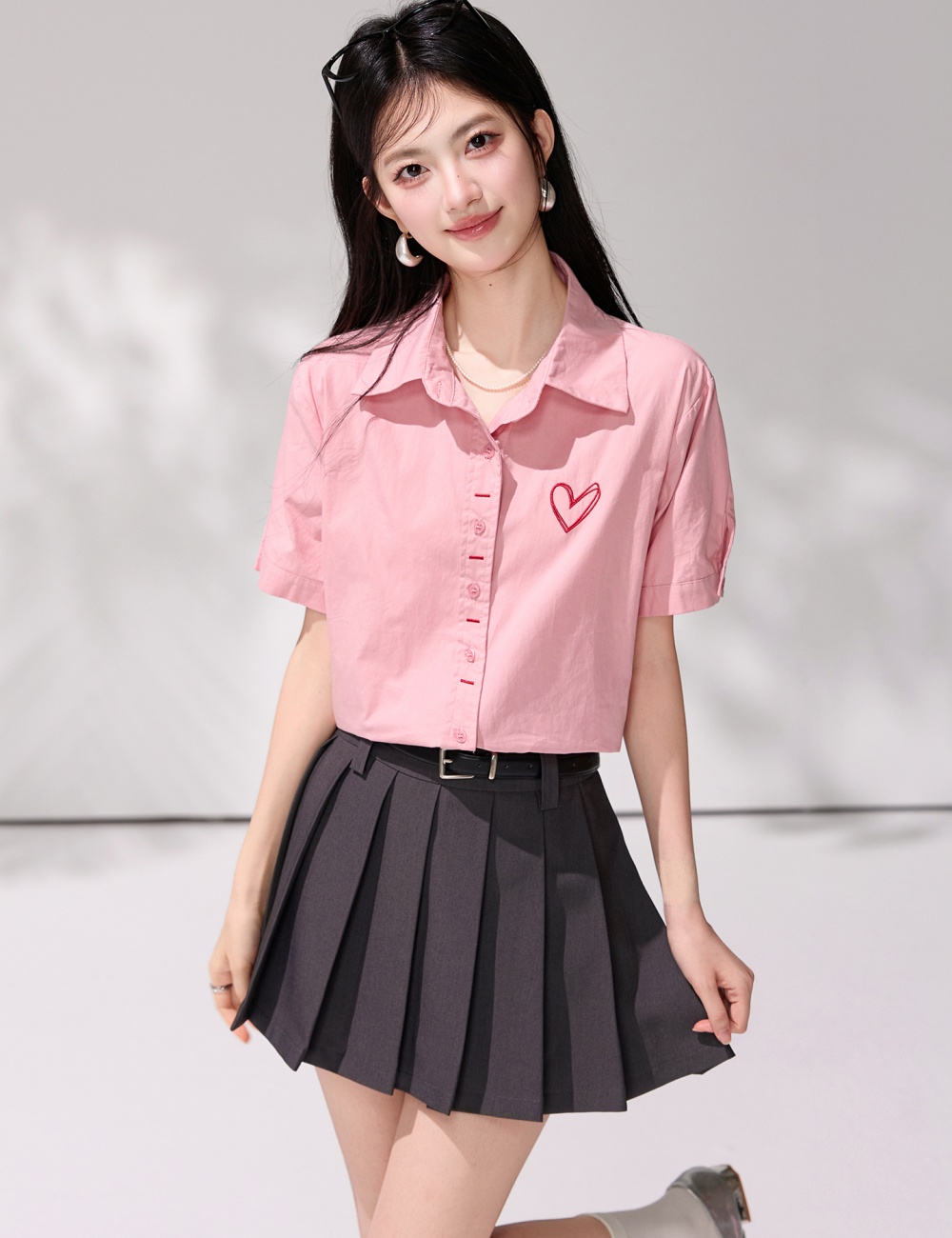 Heart short sleeve embroidery tops loose pink Korean style shirt