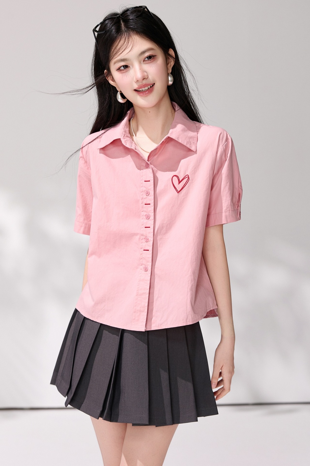 Heart short sleeve embroidery tops loose pink Korean style shirt