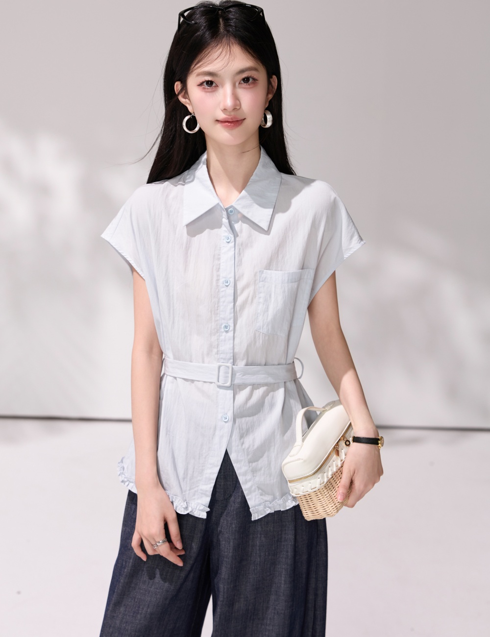 Temperament slim belt France style lapel shirt
