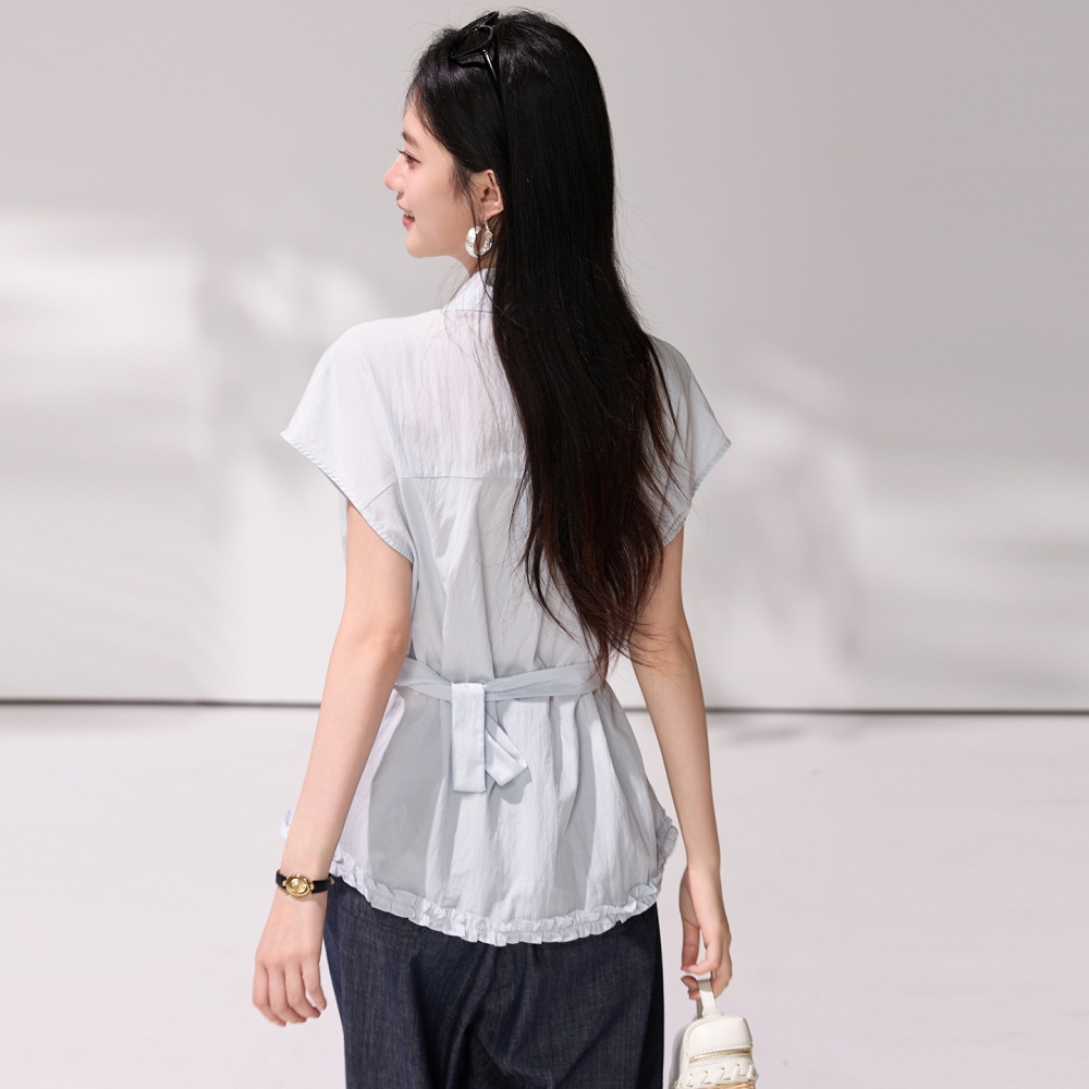 Temperament slim belt France style lapel shirt