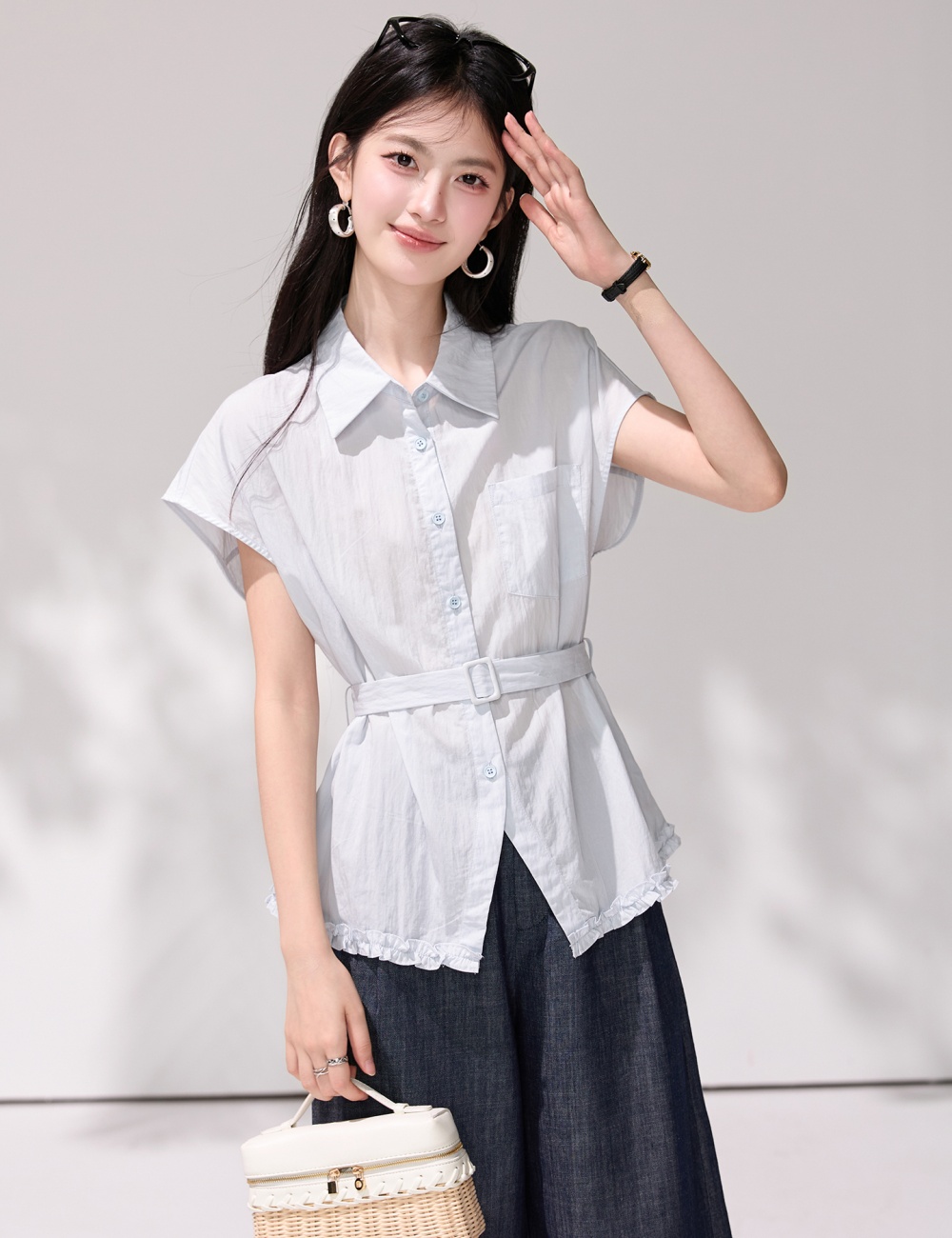 Temperament slim belt France style lapel shirt