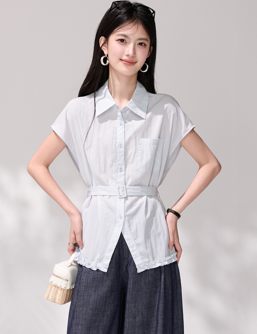 Temperament slim belt France style lapel shirt