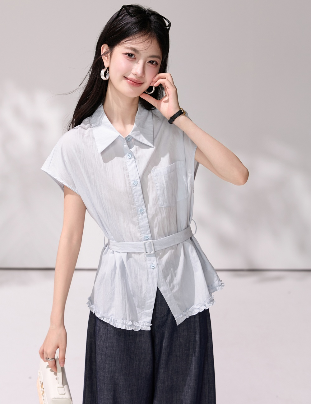 Temperament slim belt France style lapel shirt