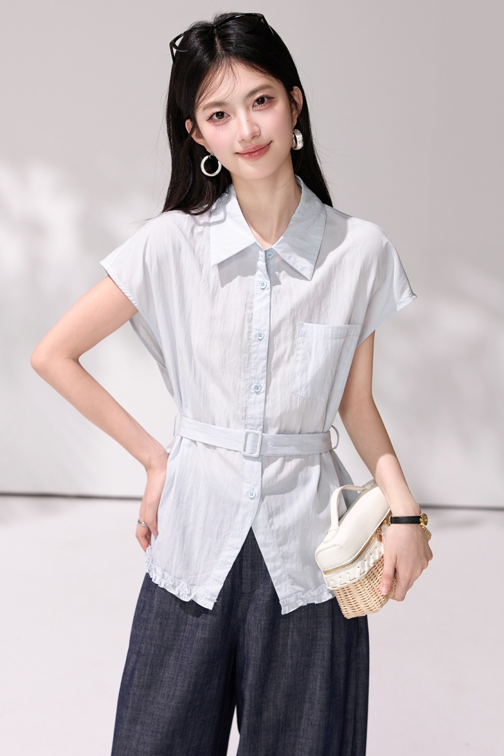 Temperament slim belt France style lapel shirt