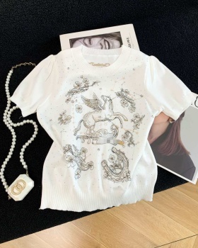 Summer slim white tops embroidery pony sweater for women