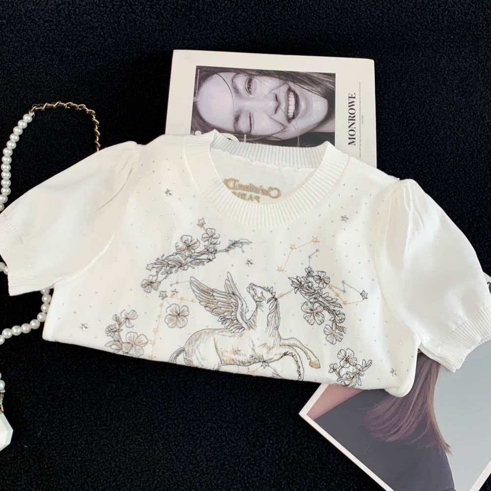 Summer slim white tops embroidery pony sweater for women