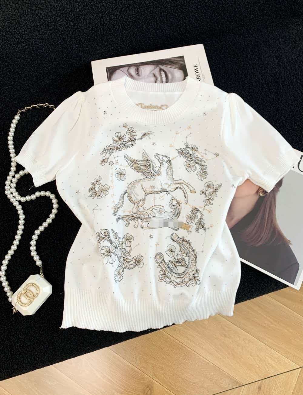 Summer slim white tops embroidery pony sweater for women