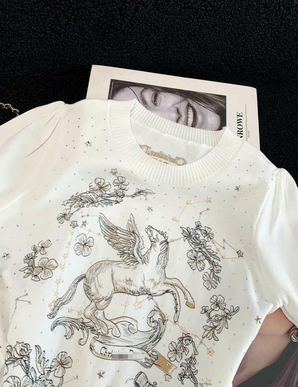 Summer slim white tops embroidery pony sweater for women
