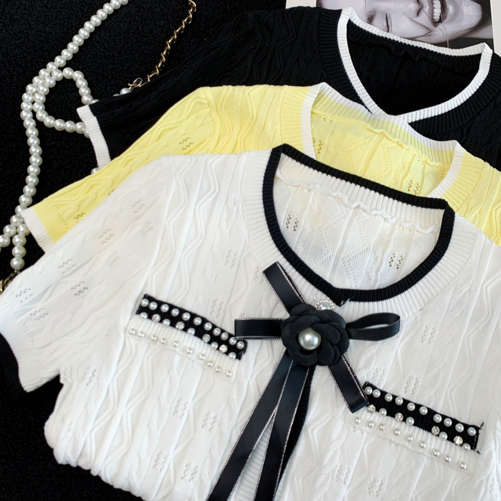 Sweet bow tops temperament beading sweater