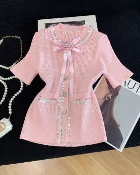 Slim pearl decoration tops doll collar sweater for women