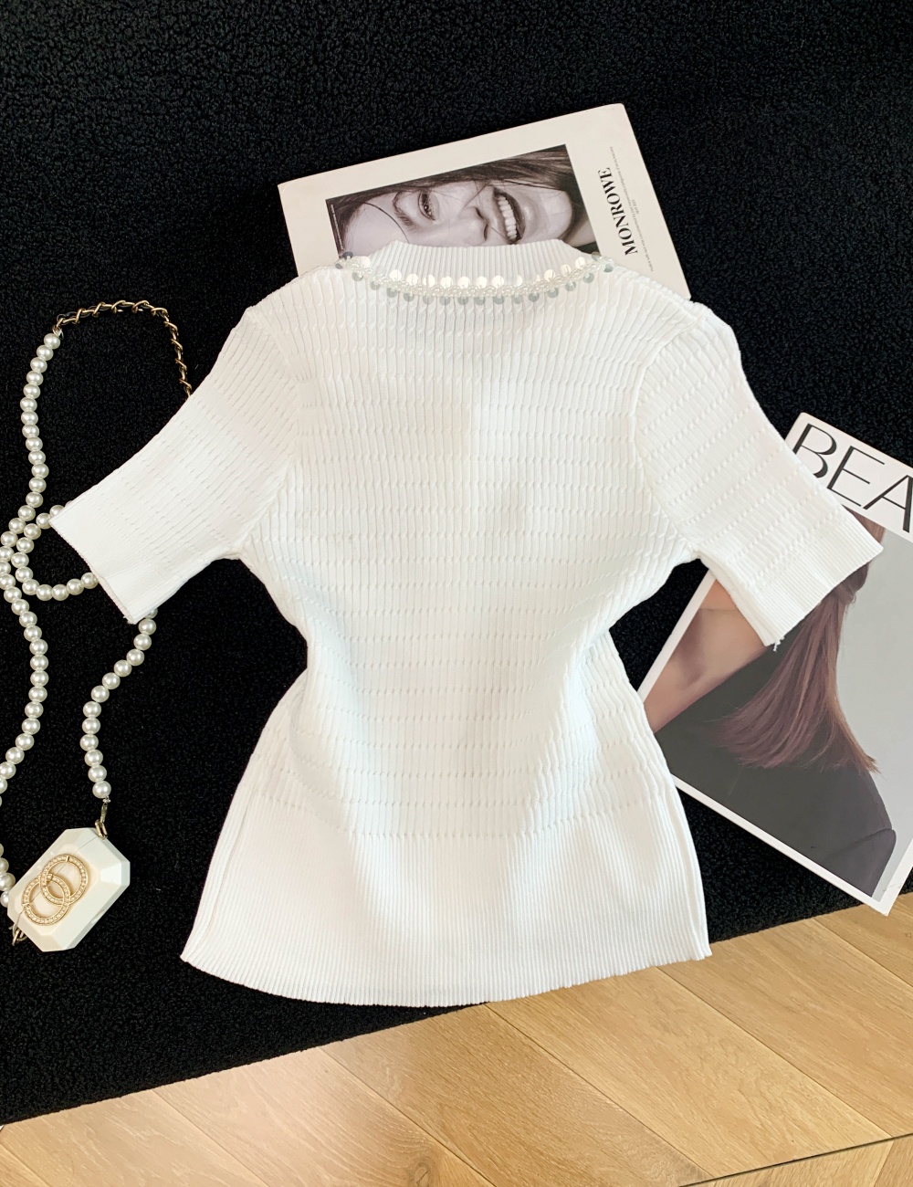 Slim pearl decoration tops doll collar sweater for women