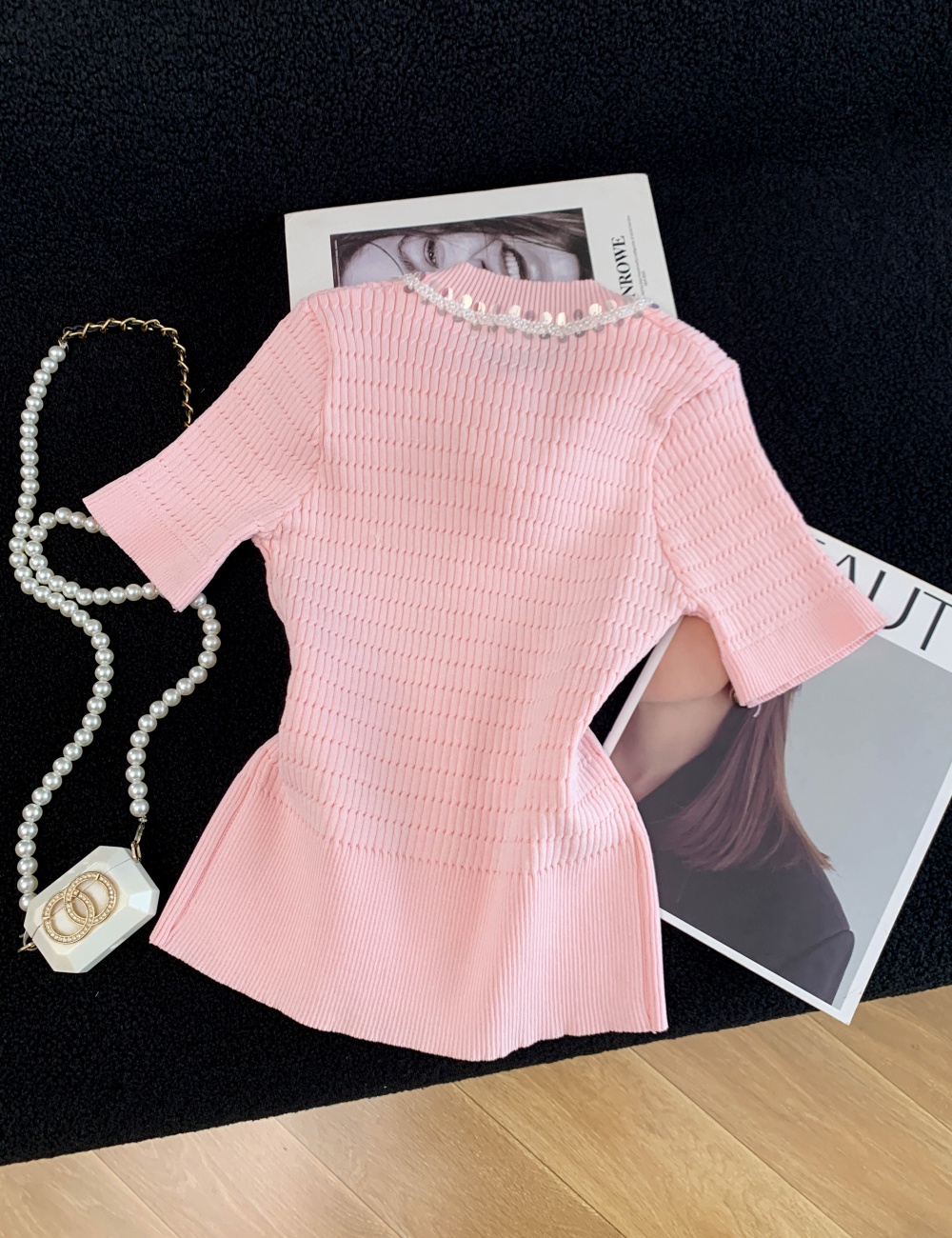 Slim pearl decoration tops doll collar sweater for women