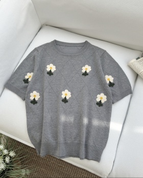 Thin ice silk small shirt embroidered flowers T-shirt for women