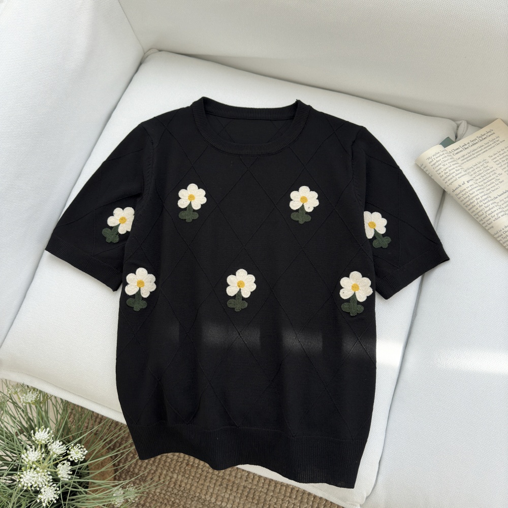 Thin ice silk small shirt embroidered flowers T-shirt for women
