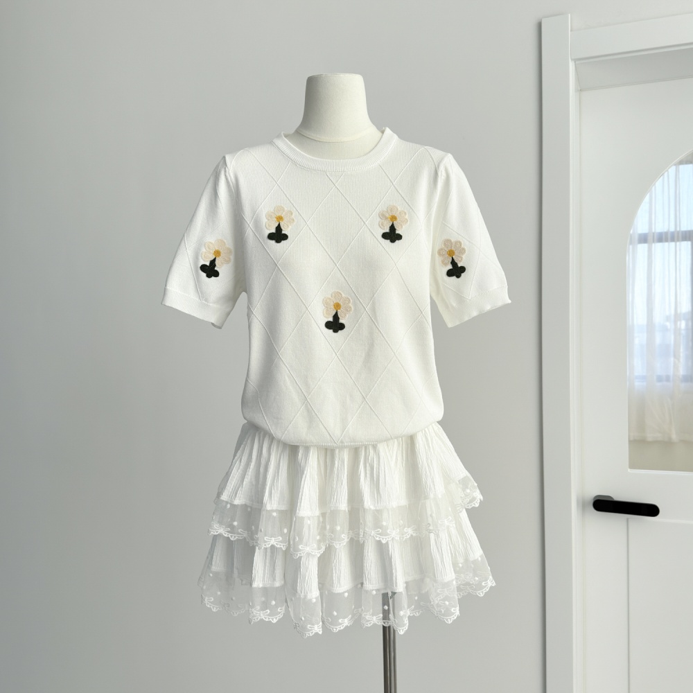 Thin ice silk small shirt embroidered flowers T-shirt for women